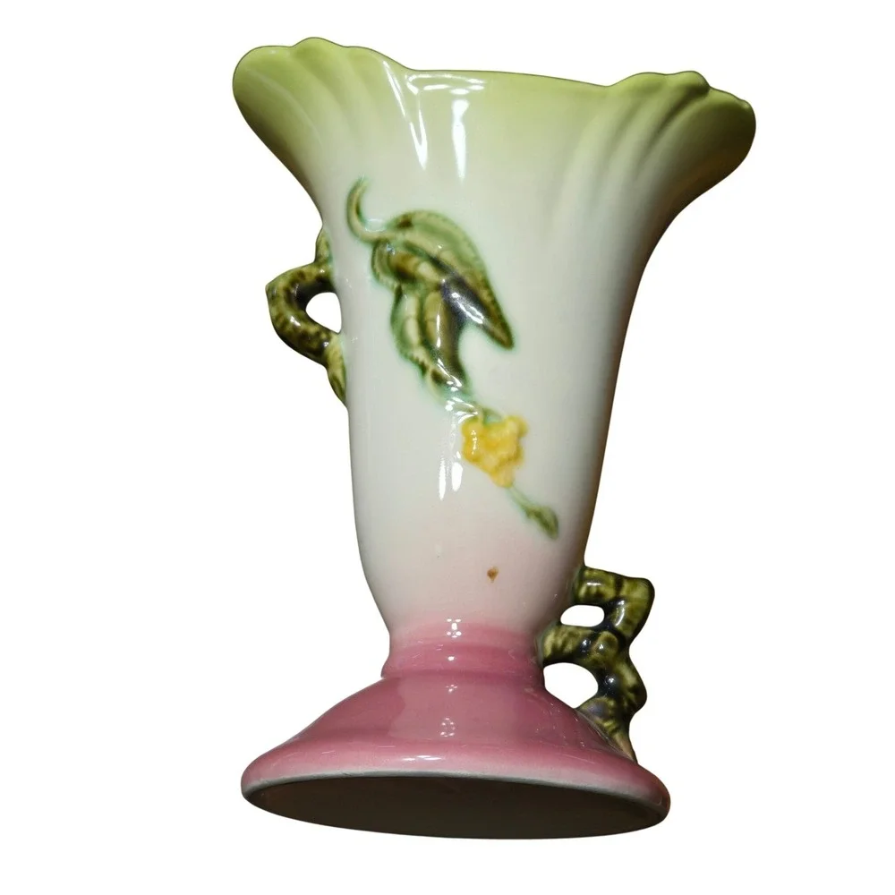 Vintage Hull Pottery Woodland W14-8 1/2 Floral Vase Pink Yellow Double HandleUSA